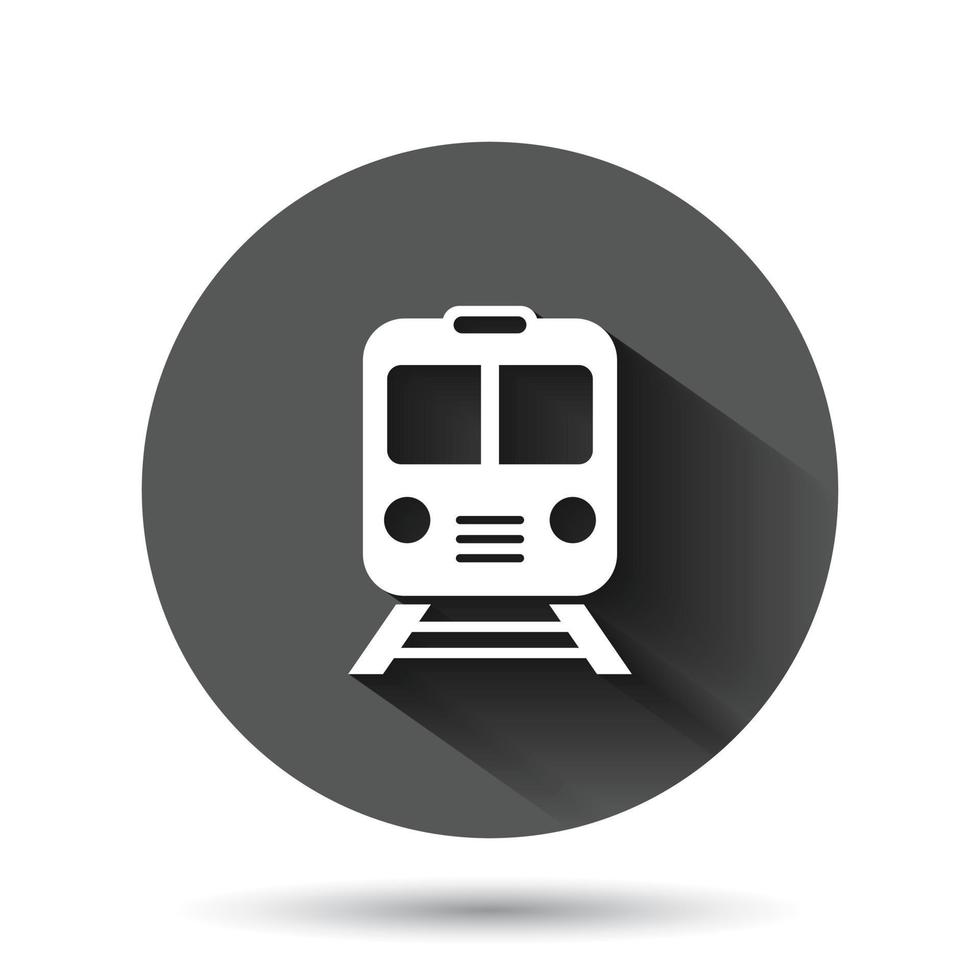 icono de metro en estilo plano. ilustración de vector de metro de tren sobre fondo redondo negro con efecto de sombra larga. Concepto de negocio de botón de círculo de carga de ferrocarril.