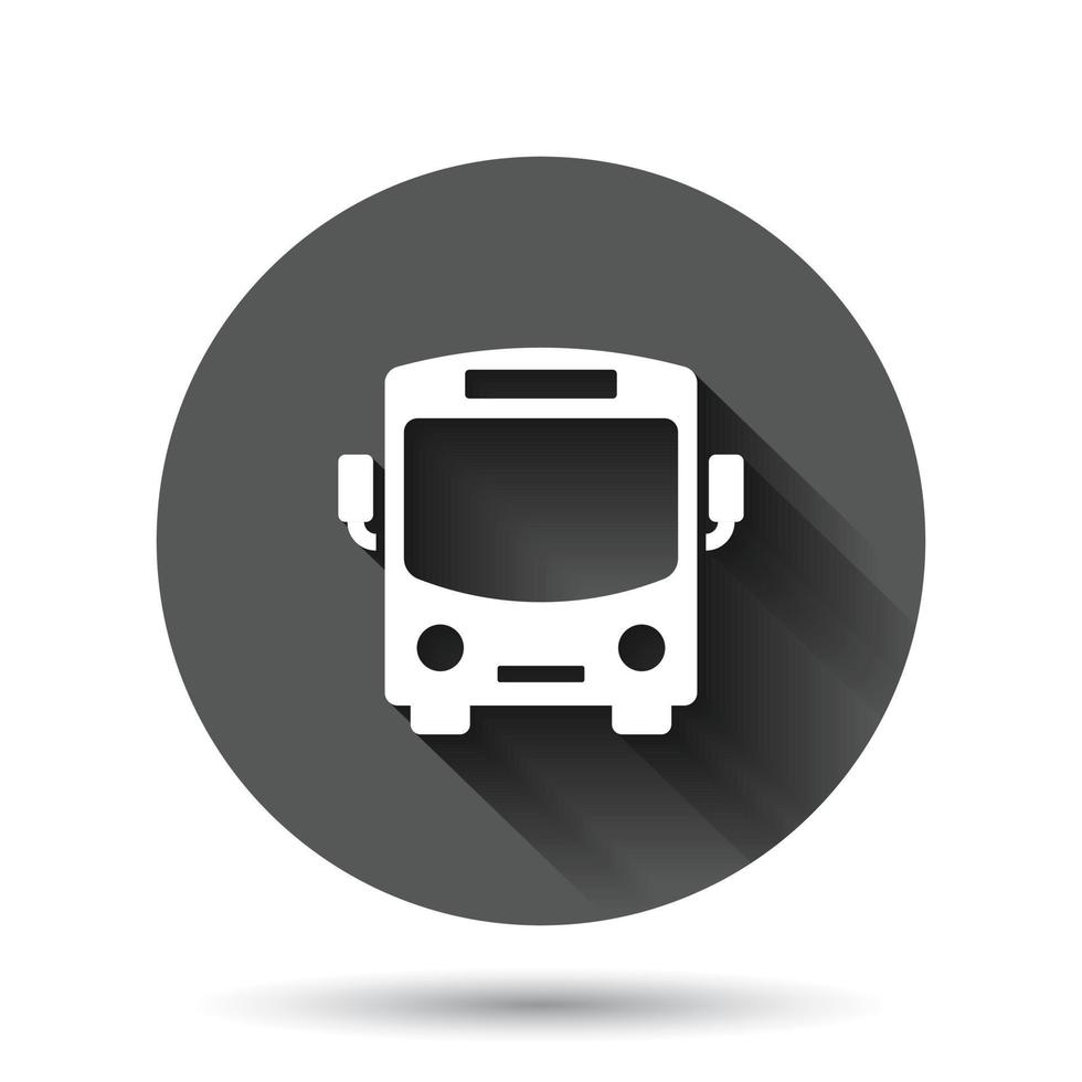 Bus icon in flat style. Coach car vector illustration on black round background with long shadow effect. Autobus circle button business concept.