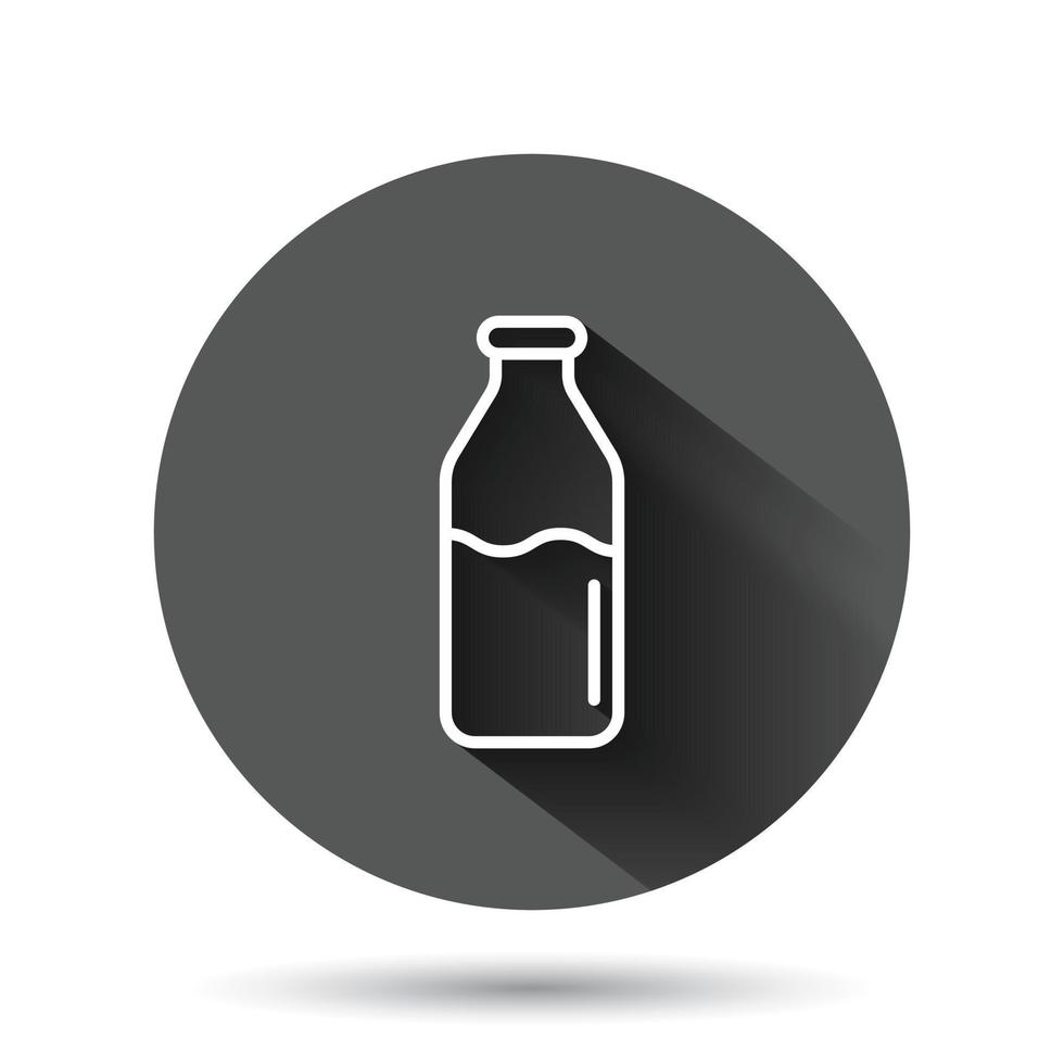 Bottle milk icon in flat style. Flask vector illustration on black round background with long shadow effect. Drink container circle button business concept.