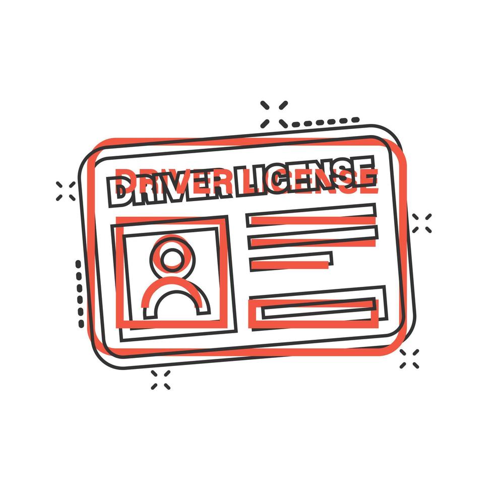 Driver license icon in comic style. Id card cartoon vector illustration on white isolated background. Identity splash effect business concept.