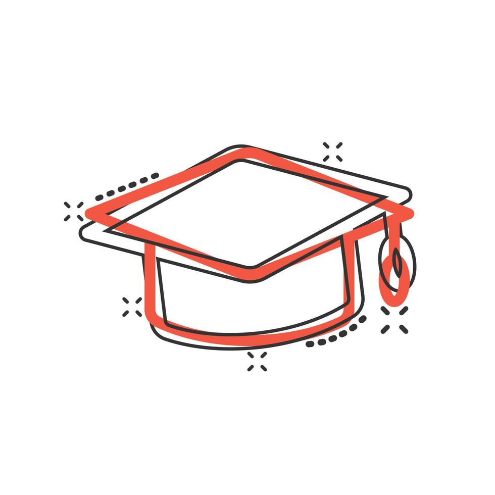 Graduation hat icon in comic style. Student cap cartoon vector illustration on white isolated background. University splash effect business concept.