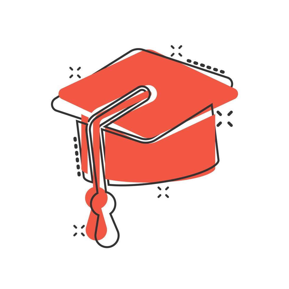 Graduation hat icon in comic style. Student cap cartoon vector illustration on white isolated background. University splash effect business concept.