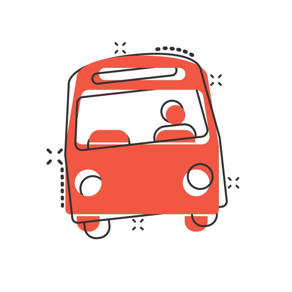 icono de autobús en estilo cómico. ilustración de vector de dibujos animados de entrenador sobre fondo blanco aislado. concepto de negocio de efecto de salpicadura de vehículo autobus.