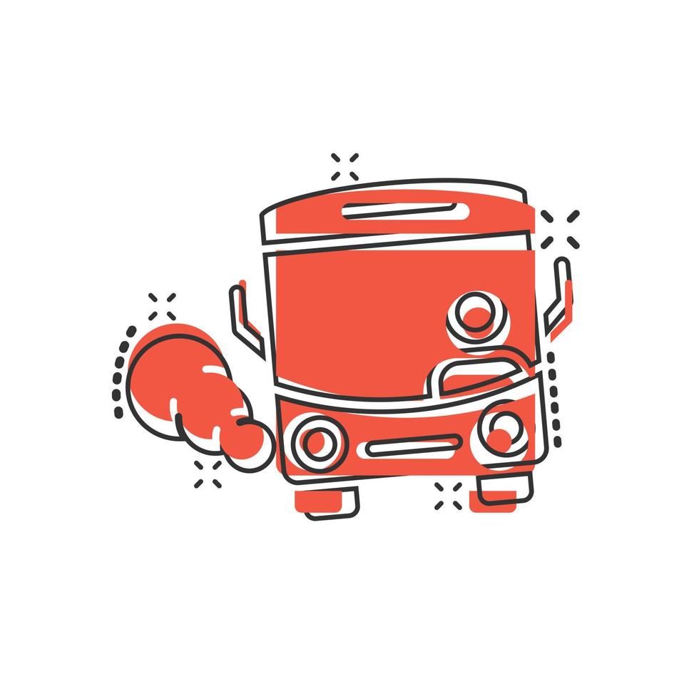 Bus icon in comic style. Coach cartoon vector illustration on white isolated background. Autobus vehicle splash effect business concept.