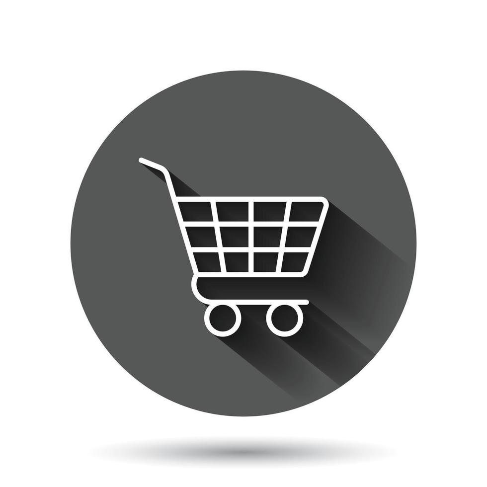 Shopping cart icon in flat style. Trolley vector illustration on black round background with long shadow effect. Basket circle button business concept.