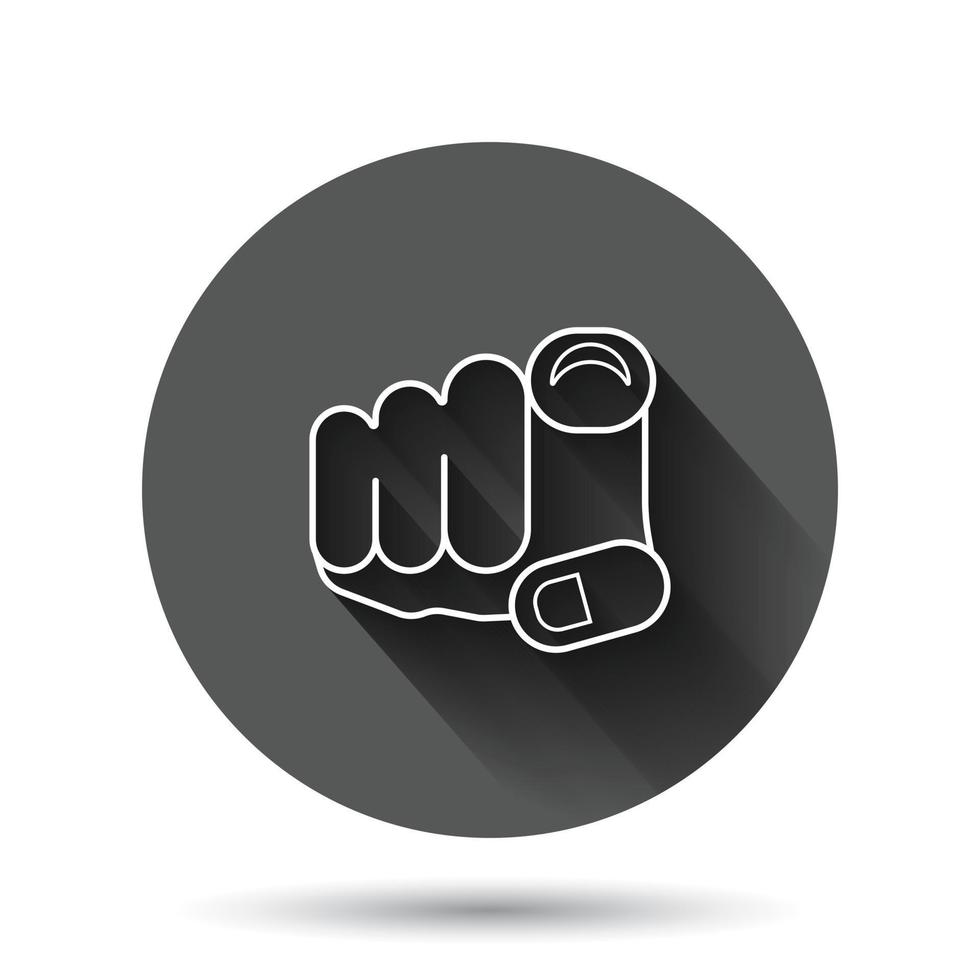 Finger point icon in flat style. Hand gesture vector illustration on black round background with long shadow effect. You forward circle button business concept.