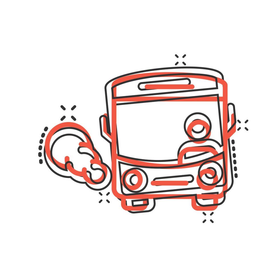 icono de autobús en estilo cómico. ilustración de vector de dibujos animados de entrenador sobre fondo blanco aislado. concepto de negocio de efecto de salpicadura de vehículo autobus.