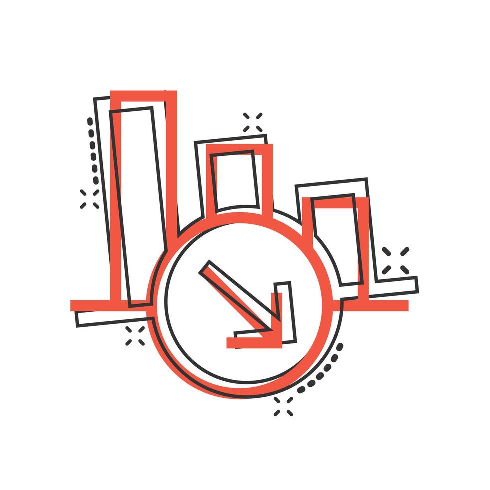 Market trend icon in comic style. Decline arrow with magnifier cartoon vector illustration on white isolated background. Decrease splash effect business concept.