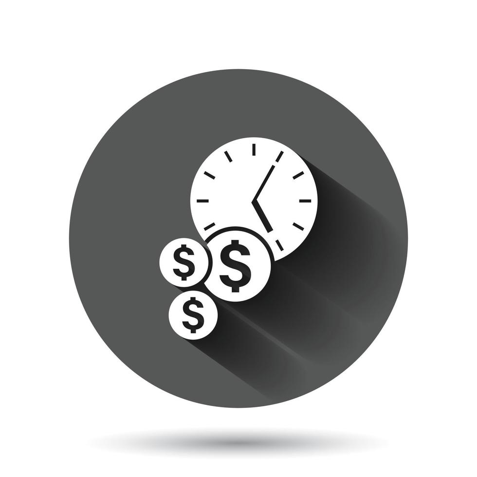 Time is money icon in flat style. Project management vector illustration on black round background with long shadow effect. Deadline circle button business concept.