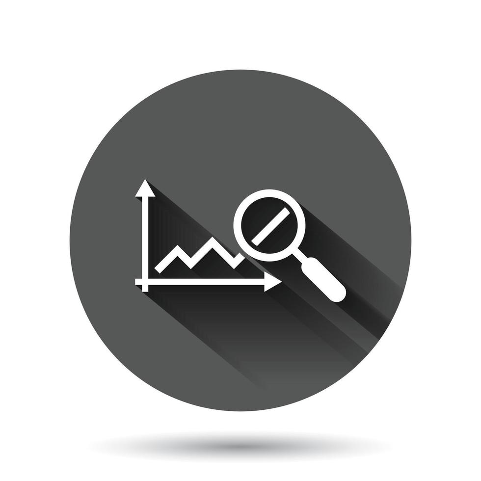 Market trend icon in flat style. Growth arrow with magnifier vector illustration on black round background with long shadow effect. Increase circle button business concept.