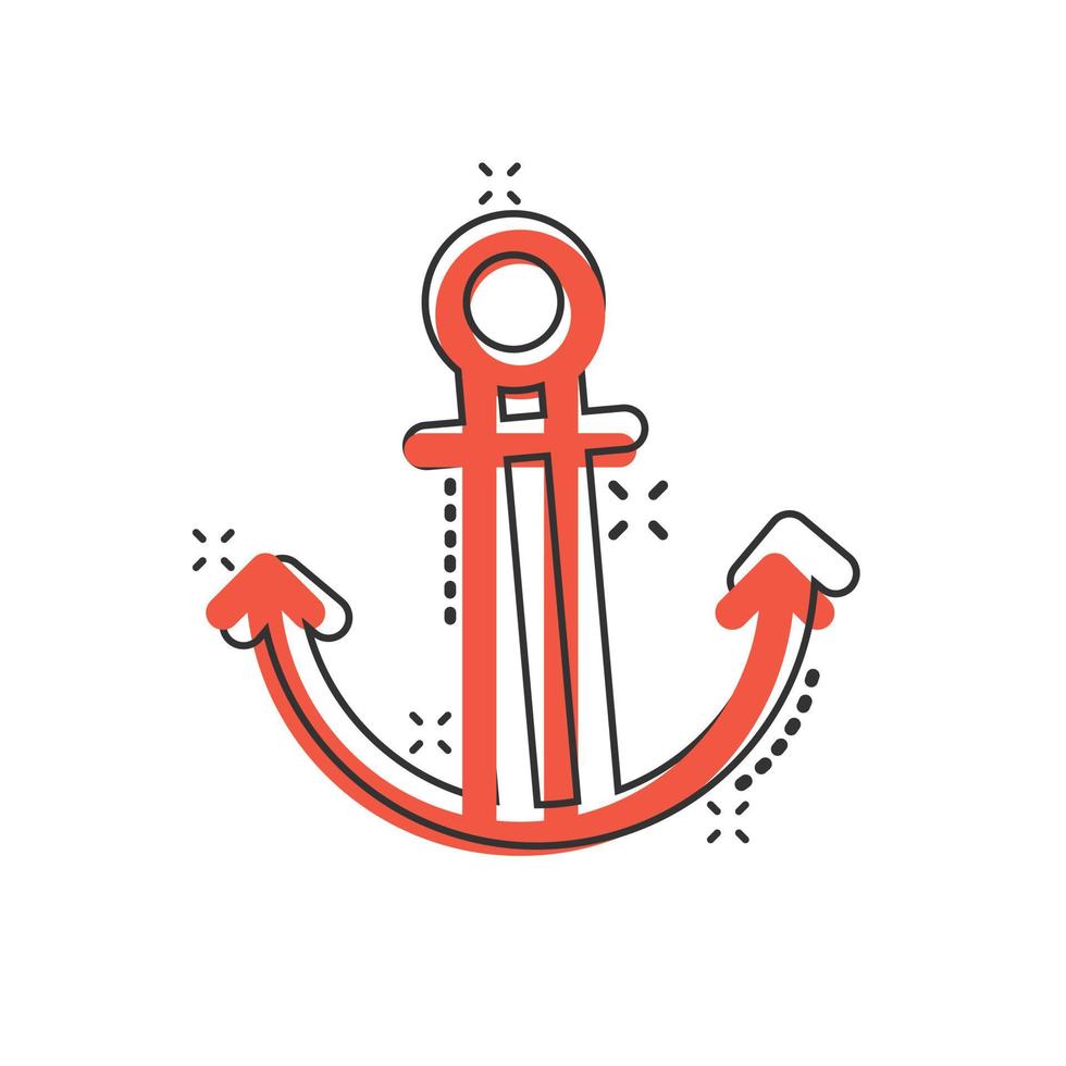 icono de ancla de barco en estilo cómico. ilustración de vector de dibujos animados de gancho de buque sobre fondo blanco aislado. concepto de negocio de efecto de salpicadura de equipo de barco.