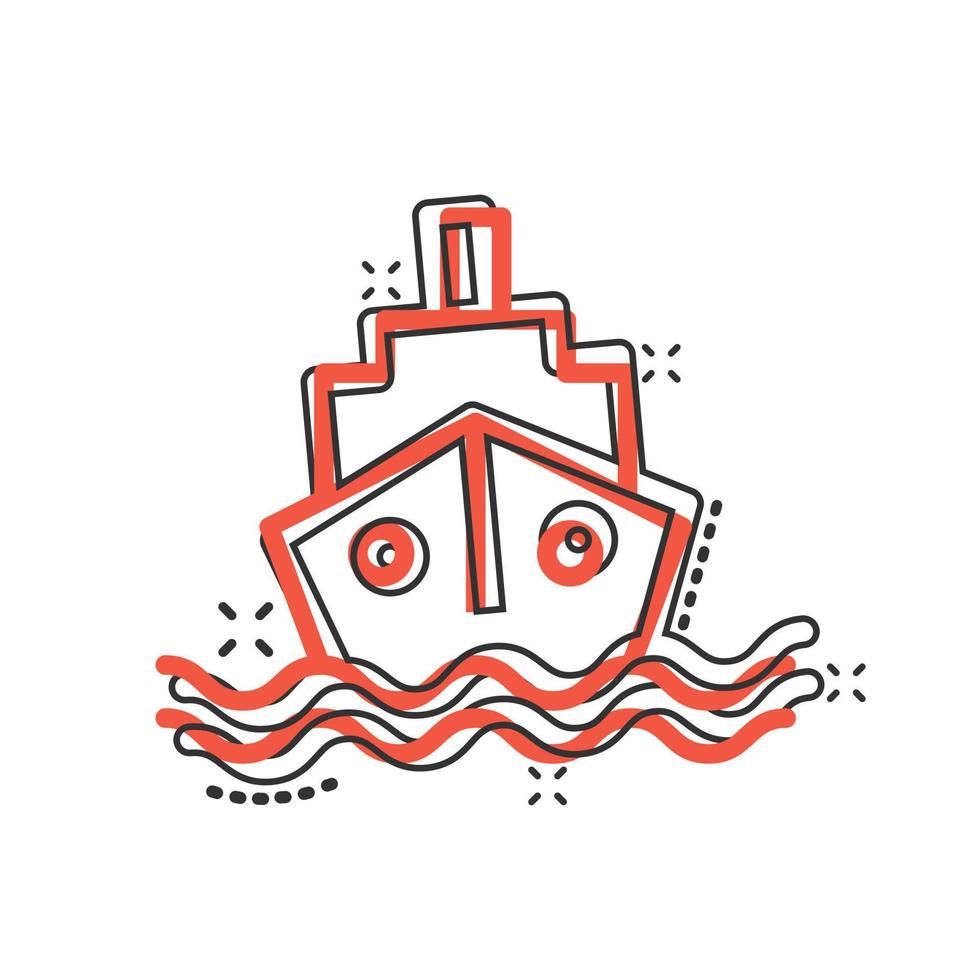 Tourism ship icon in comic style. Fishing boat cartoon vector illustration on white isolated background. Tanker destination splash effect business concept.