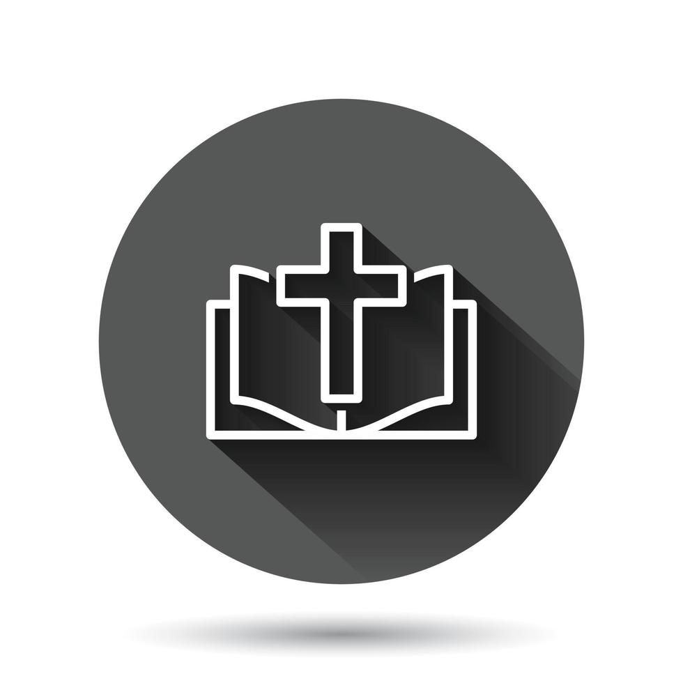 Bible book icon in flat style. Church faith vector illustration on black round background with long shadow effect. Spirituality circle button business concept.