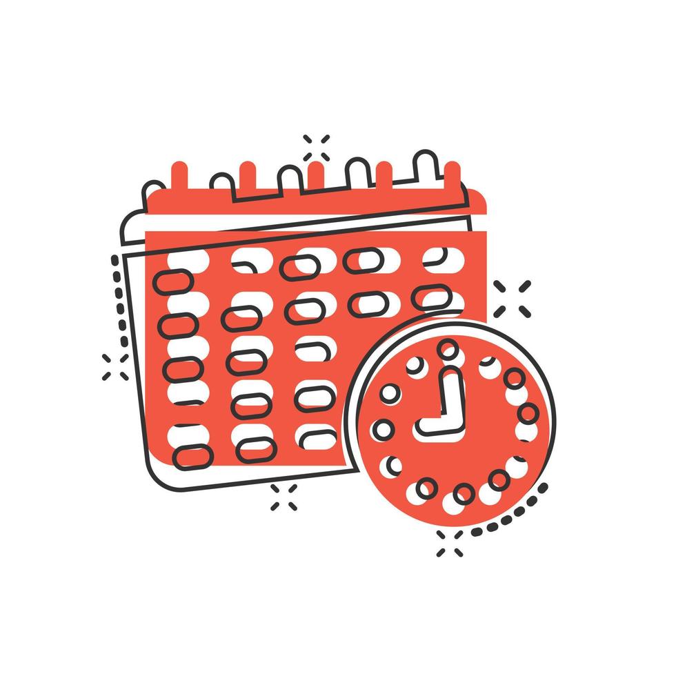Calendar with clock icon in comic style. Agenda cartoon vector illustration on white isolated background. Schedule time planner splash effect business concept.