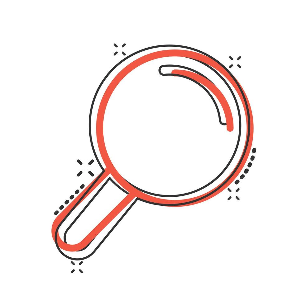 Loupe sign icon in comic style. Magnifier cartoon vector illustration on white isolated background. Search splash effect business concept.