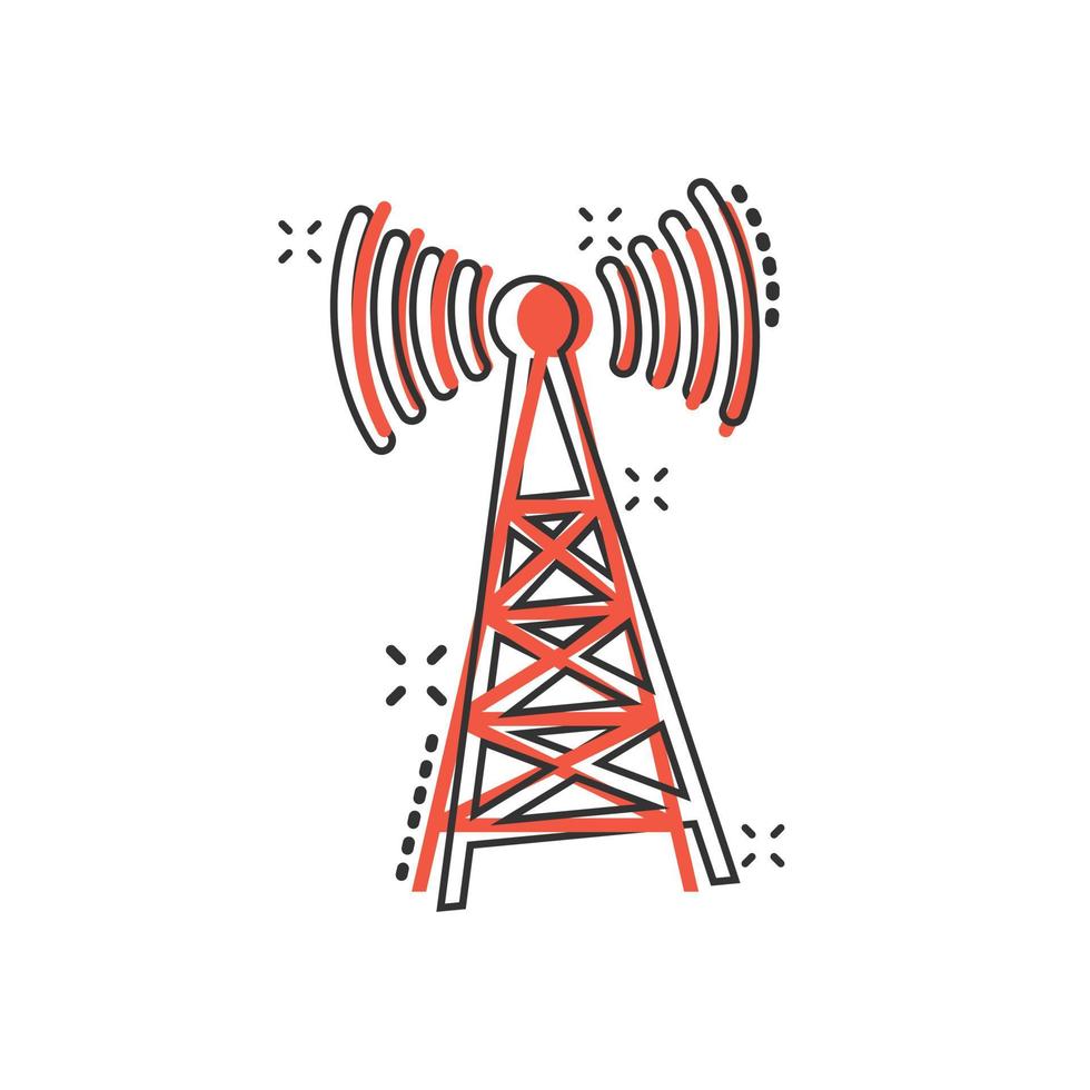 icono de torre de antena en estilo cómico. Ilustración de vector de dibujos animados de difusión sobre fondo blanco aislado. concepto de negocio de efecto de salpicadura wifi.