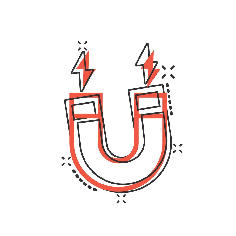 Magnet icon in comic style. Attract cartoon vector illustration on white isolated background. Electromagnetic splash effect business concept.