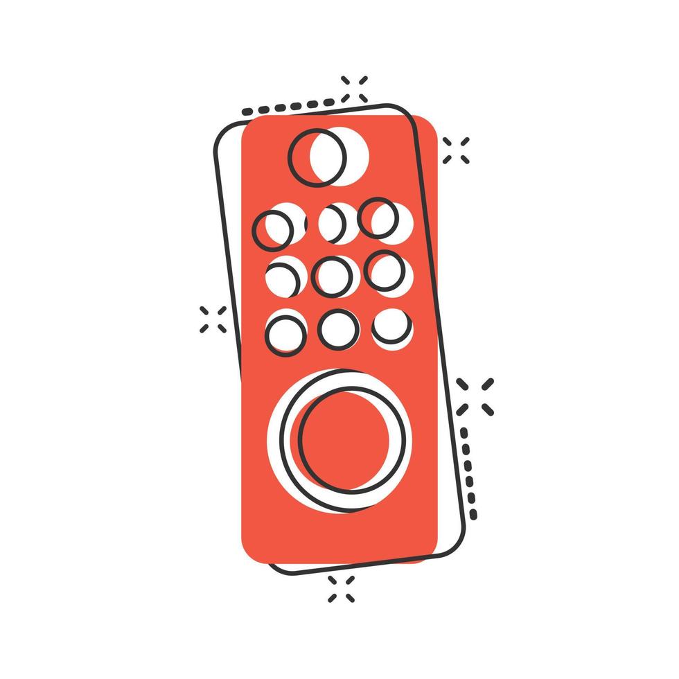 Tv remote icon in comic style. Television cartoon sign vector illustration on white isolated background. Broadcast splash effect business concept.