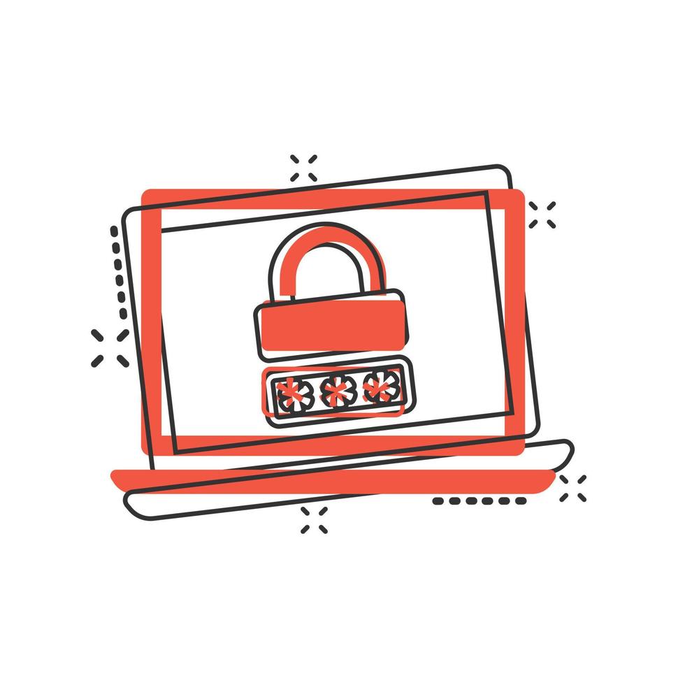 Laptop with password icon in comic style. Computer access cartoon vector illustration on white isolated background. Padlock entry splash effect business concept.