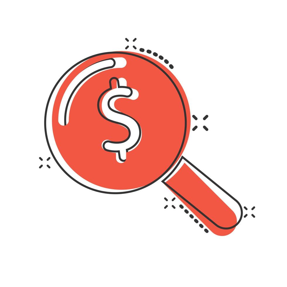 Magnifier glass with money icon in comic style. Dollar search cartoon vector illustration on white isolated background. Financial currency splash effect business concept.