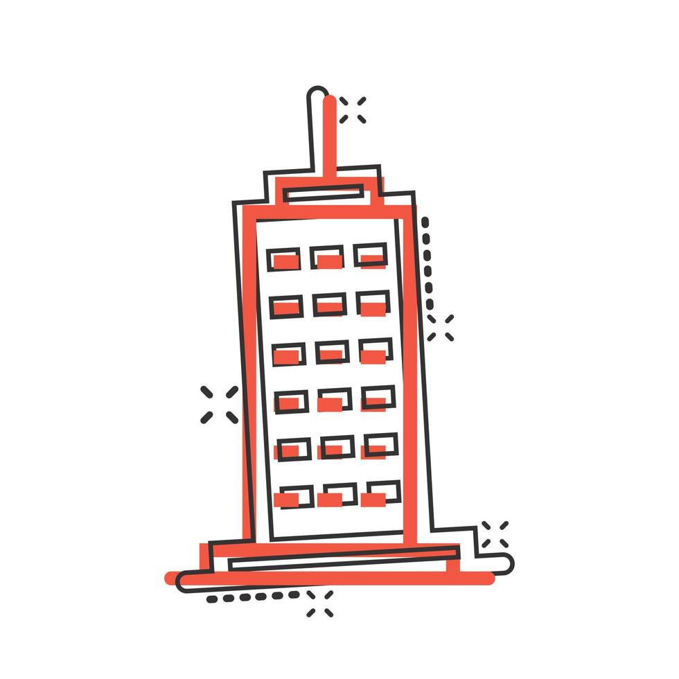 Building icon in comic style. Town skyscraper apartment cartoon vector illustration on white isolated background. City tower splash effect business concept.