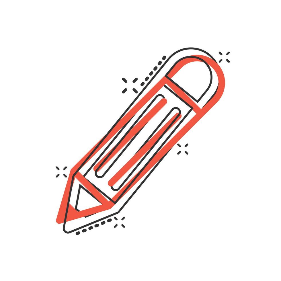 Pencil icon in comic style. Pen cartoon vector illustration on white isolated background. Drawing splash effect business concept.