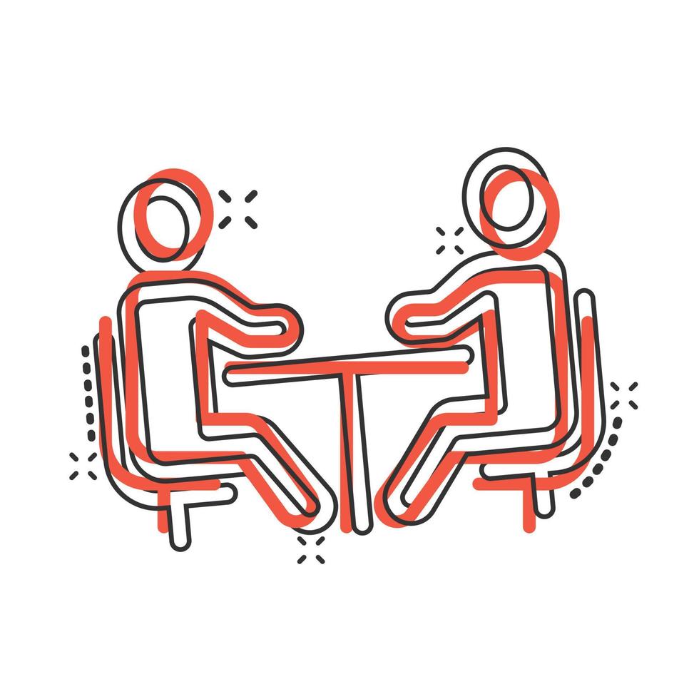 People with table icon in comic style. Teamwork conference cartoon vector