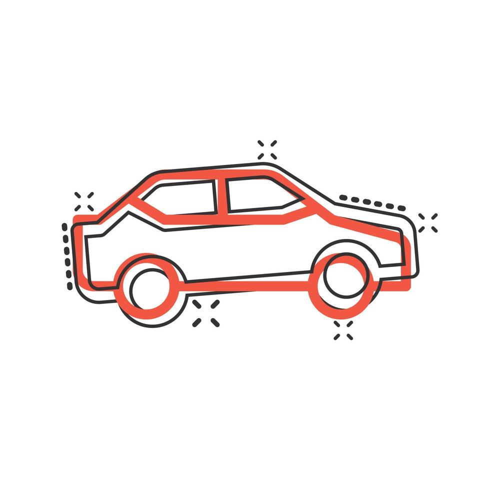 icono de coche en estilo cómico. ilustración de vector de dibujos animados de vehículo de automóvil sobre fondo blanco aislado. concepto de negocio de efecto de salpicadura de sedán.