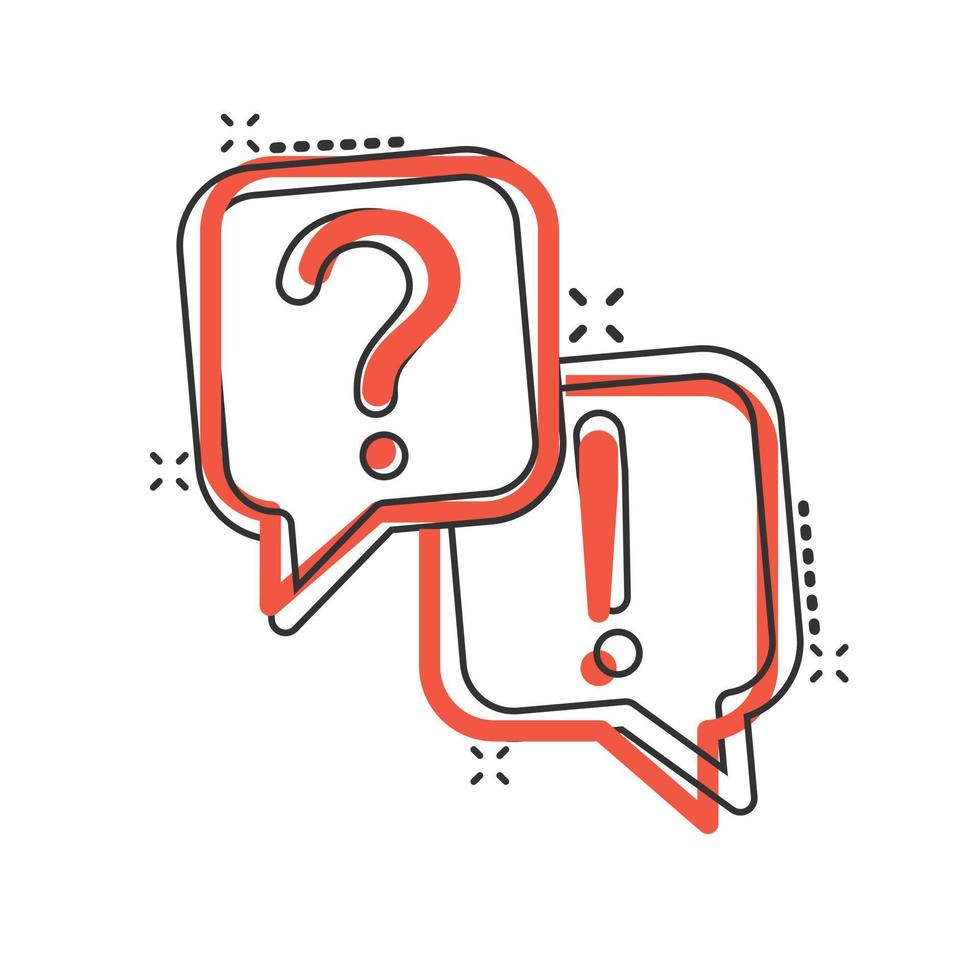 Question and answer icon in comic style. Dialog speech bubble cartoon vector illustration on white isolated background. Forum chat splash effect business concept.