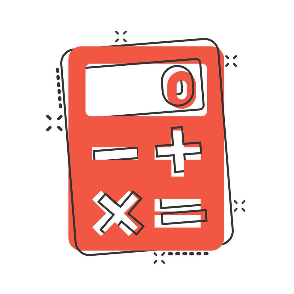 Calculator icon in comic style. Calculate cartoon vector illustration on white isolated background. Calculation splash effect business concept.