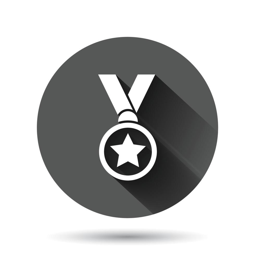 Medal icon in flat style. Prize sign vector illustration on black round background with long shadow effect. Trophy award circle button business concept.