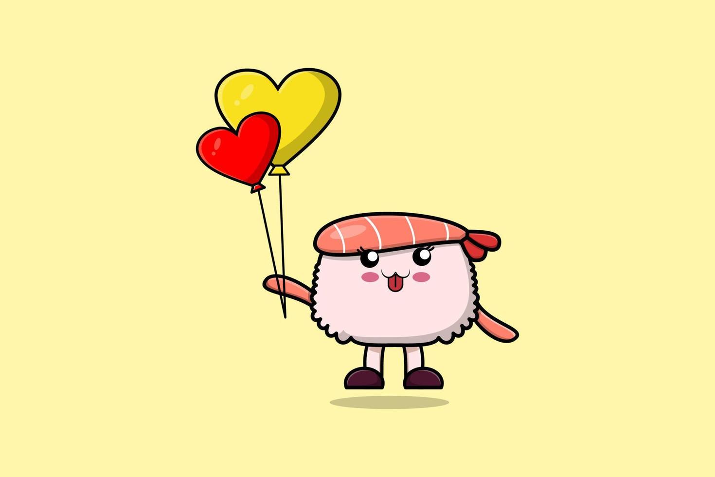 flotador de camarones de sushi de dibujos animados lindo con globo de amor vector