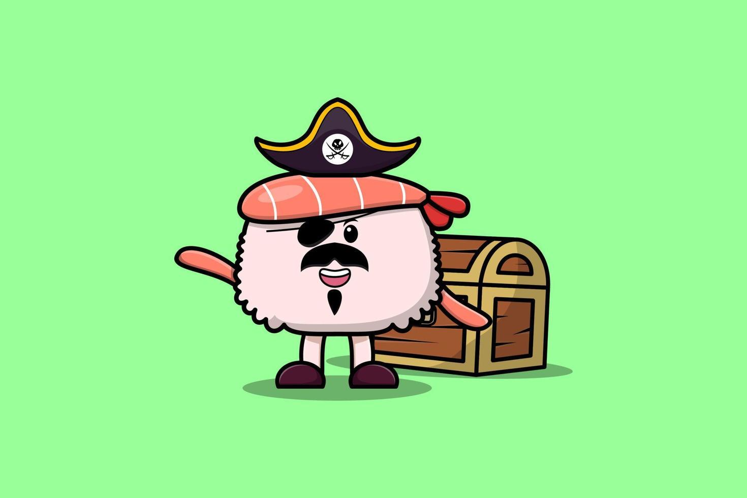 Pirata de camarones de sushi de dibujos animados lindo con caja del tesoro vector