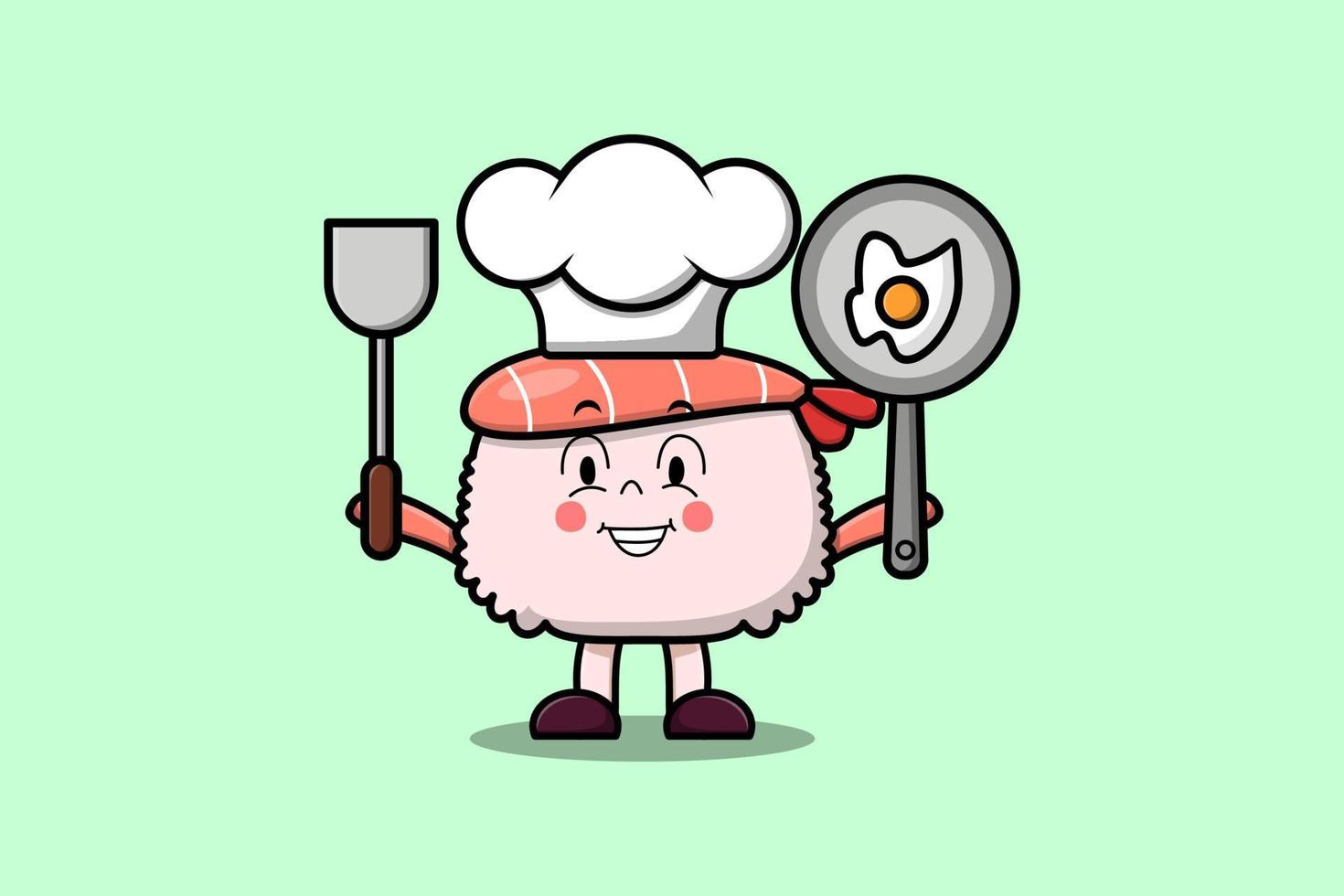 cartoon Sushi shrimp chef holding pan and spatula vector