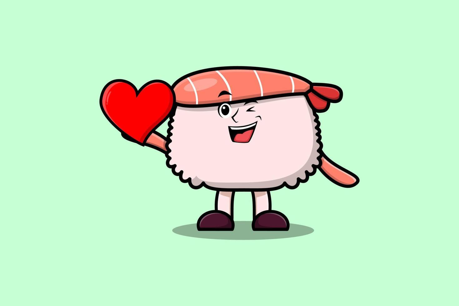 camarones de sushi de dibujos animados lindo con gran corazón rojo vector