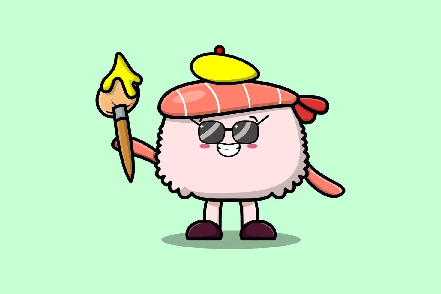 retratista de pintor de camarones de sushi de dibujos animados lindo vector