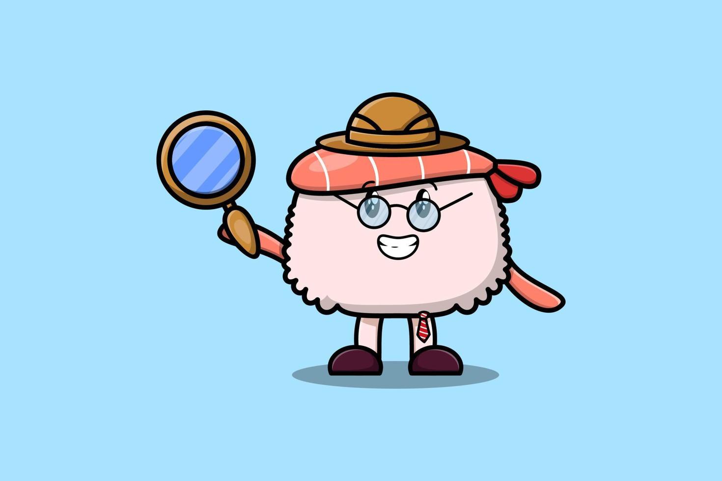 detective de camarones de sushi de personaje de dibujos animados lindo vector