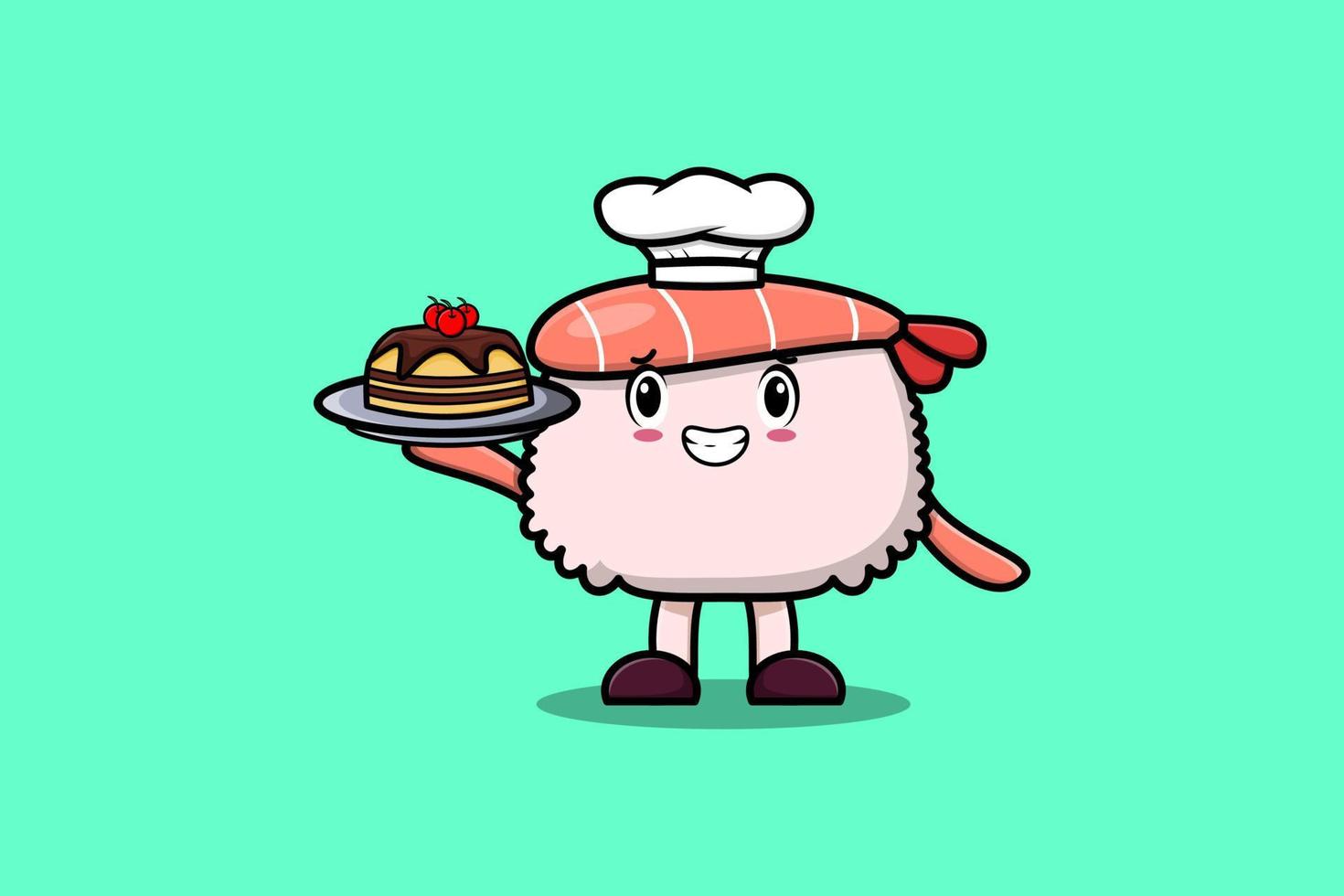 Cute dibujos animados chef sushi camarones servir pastel en bandeja vector