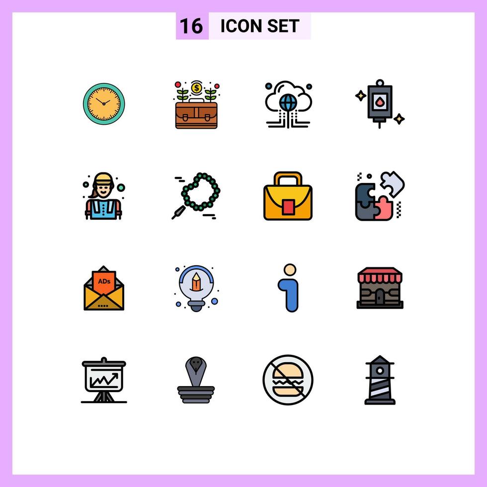 Modern Set of 16 Flat Color Filled Lines and symbols such as treatment medical grow bag global Editable Creative Vector Design Elements