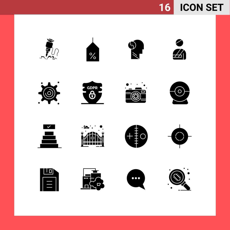 16 Universal Solid Glyph Signs Symbols of cogwheel injured logistic user mind Editable Vector Design Elements