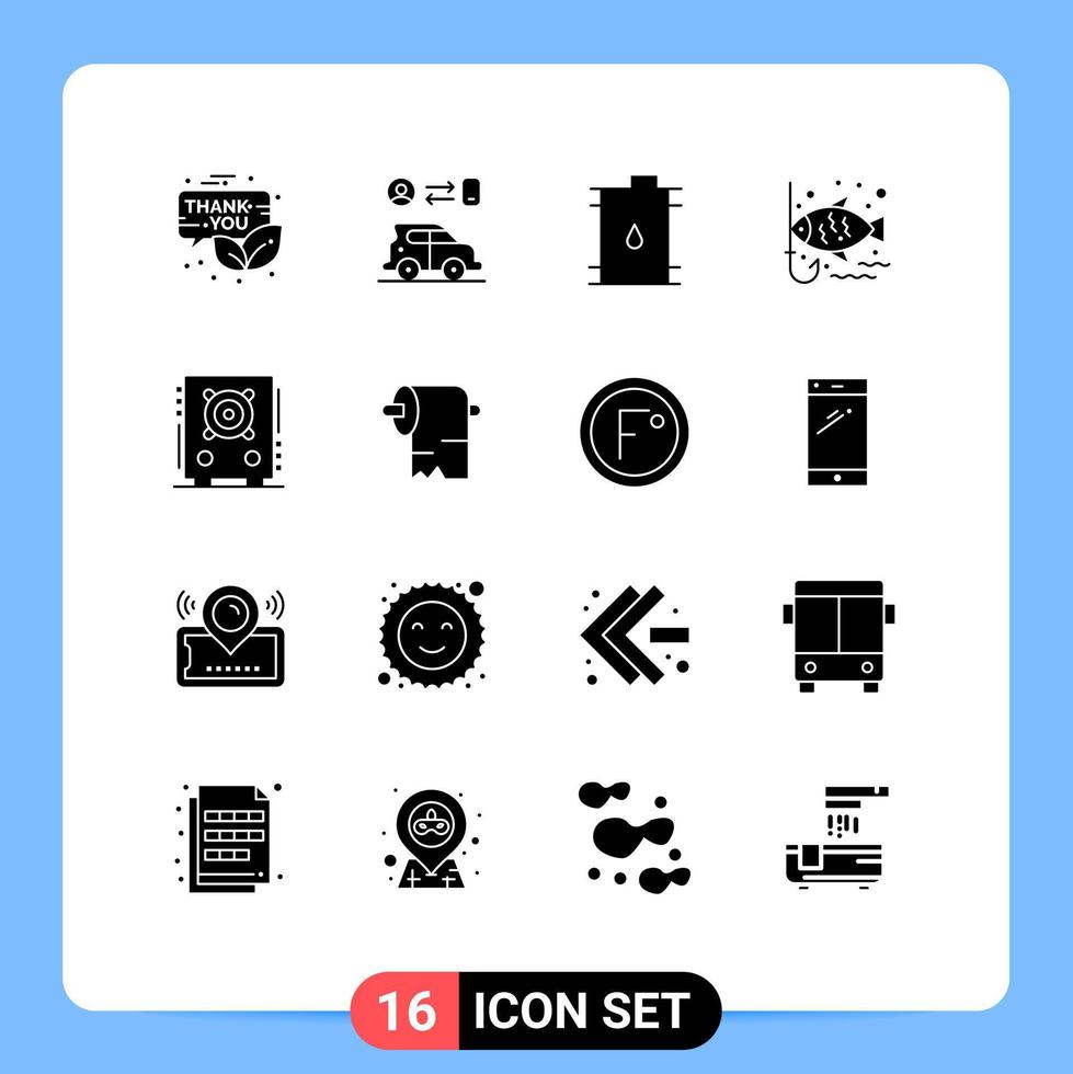 Pack of 16 creative Solid Glyphs of audio hook technology fishing oil Editable Vector Design Elements