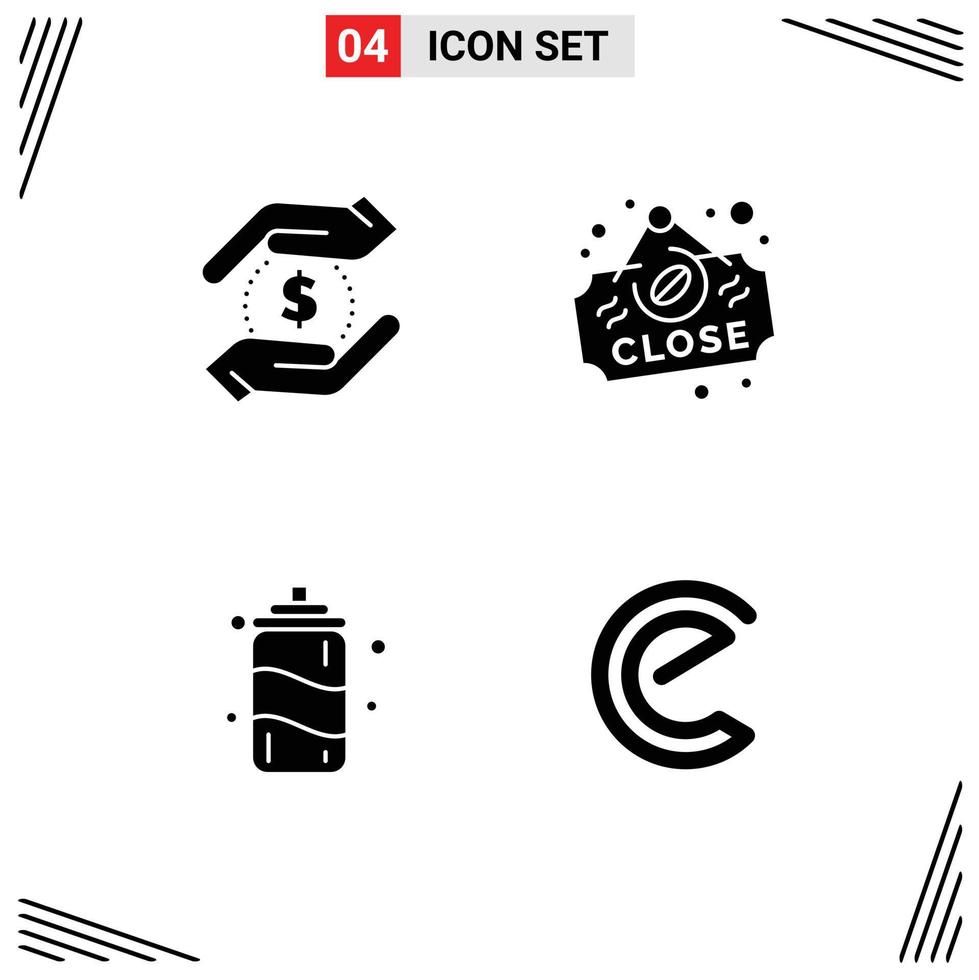 Modern Set of 4 Solid Glyphs and symbols such as currency water money close energy coin Editable Vector Design Elements