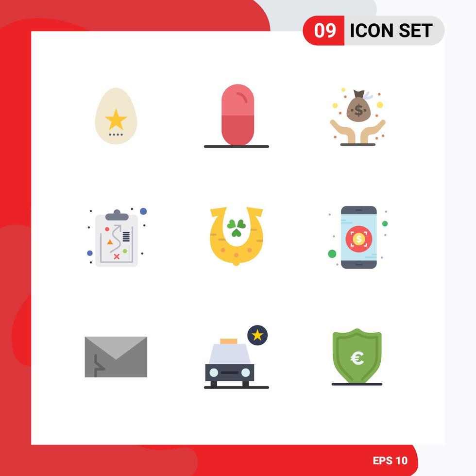 Flat Color Pack of 9 Universal Symbols of horseshoe clover capital strategy clipboard Editable Vector Design Elements