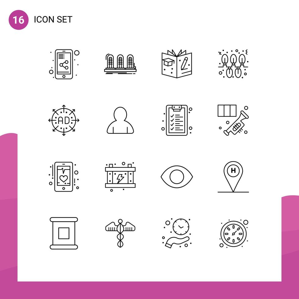 Mobile Interface Outline Set of 16 Pictograms of arrow ad education holidays christmas Editable Vector Design Elements