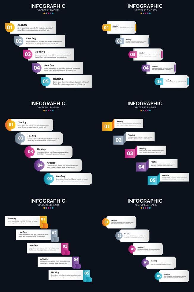 plantilla de diapositiva de presentación del paquete de infografías vectoriales 6 diagramas de ciclo de 5 pasos y líneas de tiempo vector