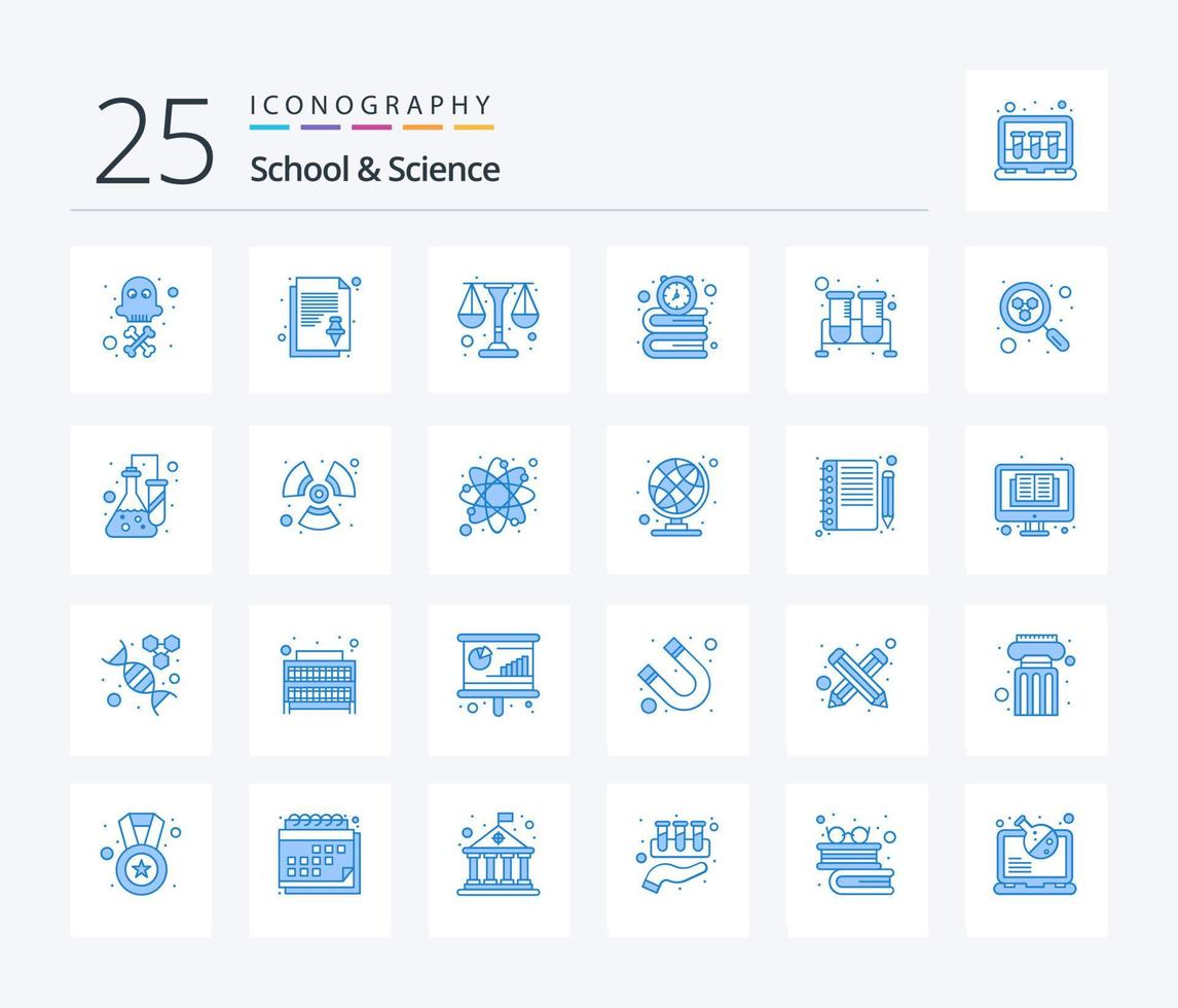 escuela y ciencia 25 paquete de iconos de color azul que incluye laboratorio. hora. medicamento. escuela. libros vector