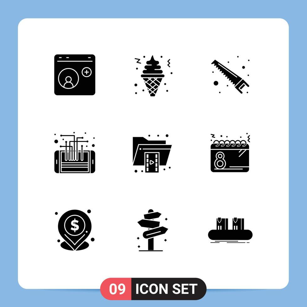 Solid Glyph Pack of 9 Universal Symbols of smart phone food mobile cutter Editable Vector Design Elements