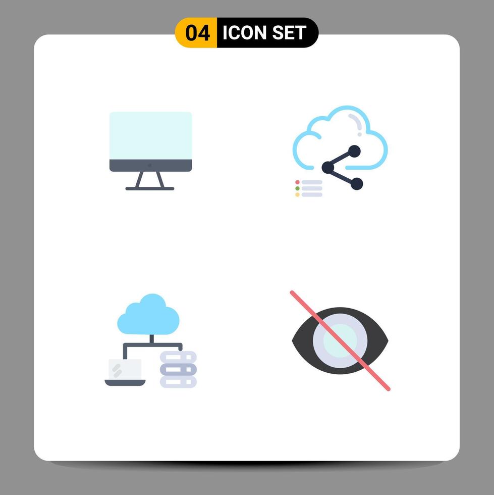conjunto moderno de 4 iconos y símbolos planos, como elementos de diseño de vectores editables del servidor de datos de hardware de la nube de la computadora