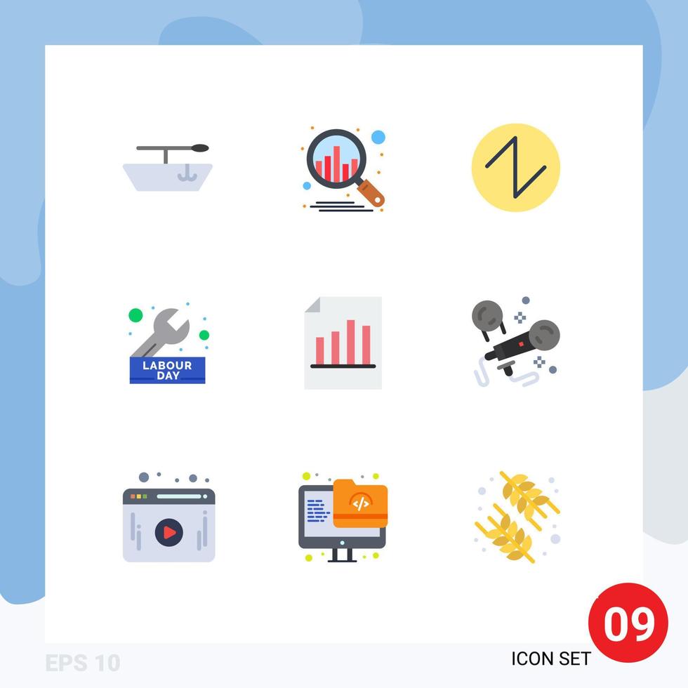 Modern Set of 9 Flat Colors Pictograph of karaoke report construction record document Editable Vector Design Elements