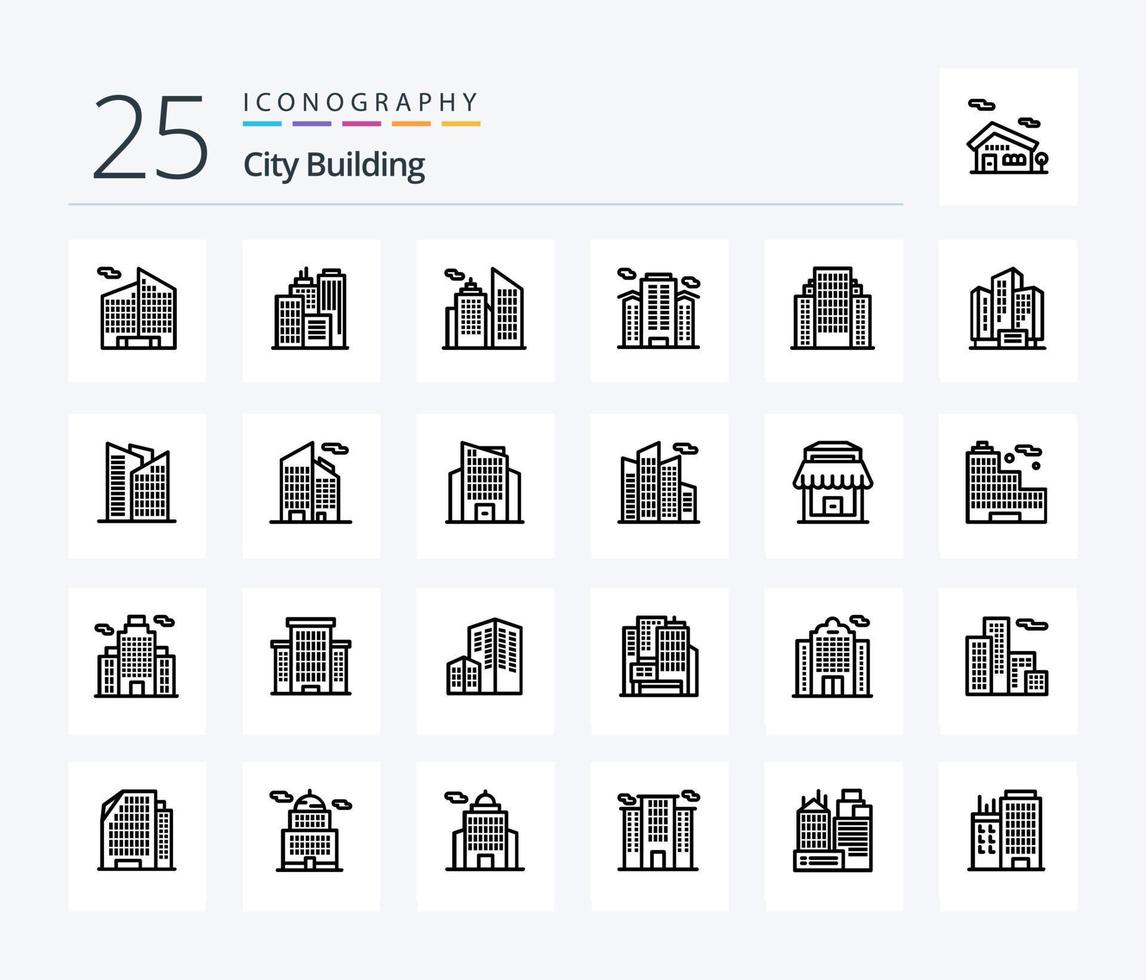 City Building 25 Line icon pack including shop. building. address. skyscraper. building vector